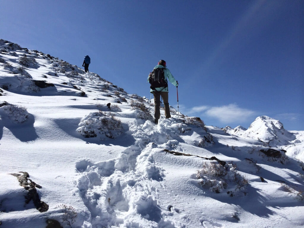 walking on the way to gosaikunda lake trek